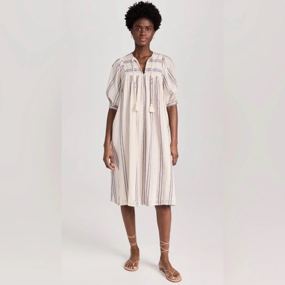 NWOT Mille Resort Travel Woven Stripe Tassel Midi Dress, Puff Sleeve, XS